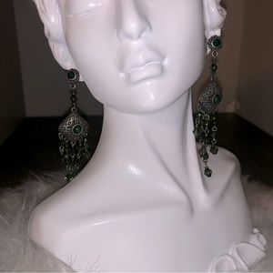 Silver earrings with green stones and beads